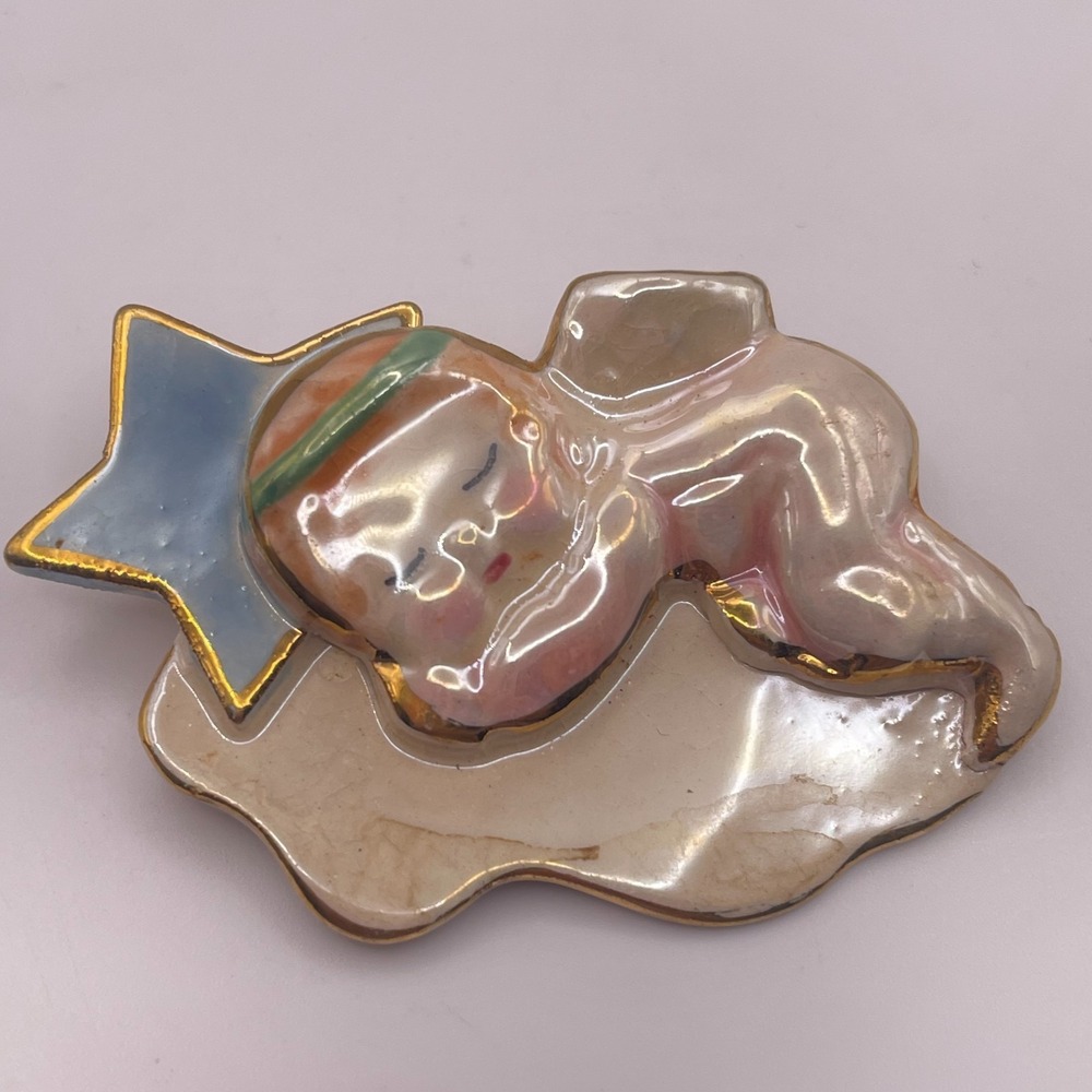 Vintage Iridescent Ceramic Sleeping Angel Brooch Cloud Star Gold Tone Trim Pin